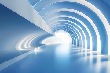 Fototapeta premium 3D render of a white and blue abstract background with lines in the form of a tunnel or corridor, futuristic geometric wallpaper for presentation design, top view.