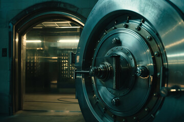 Massive Bank Vault Door in Dimly Lit Room   Secure Safe Financial Security Concept