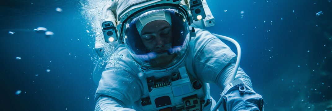 Underwater Space Training Astronaut in Advanced Suit Performing Weightlessness Simulation