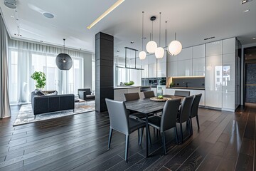 Fototapeta premium Beautiful modern farmhouse open concept kitchen with large center island, white cabinets and wood beams in the ceiling. Marble countertops, stainless steel appliances. Luxury home interior