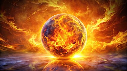 Sphere engulfed in vibrant flames against a bright sun backdrop, sphere, fire, sun, vibrant, flames, heat, abstract, glowing