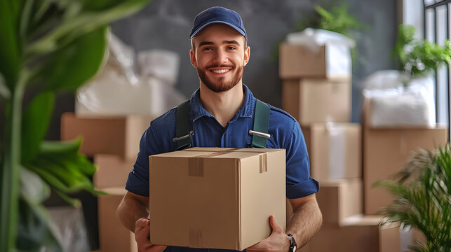Smiling Mover Holding Cardboard Box -  Photo