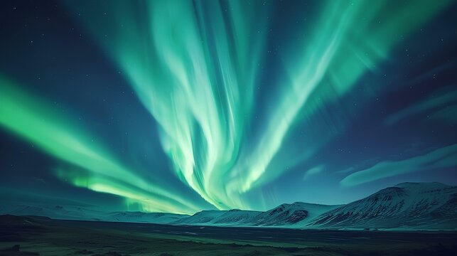 Stunning view of the aurora borealis over the night sky, forming an elegant symmetrical pattern with bright green lights in silhouette against the dark blue background