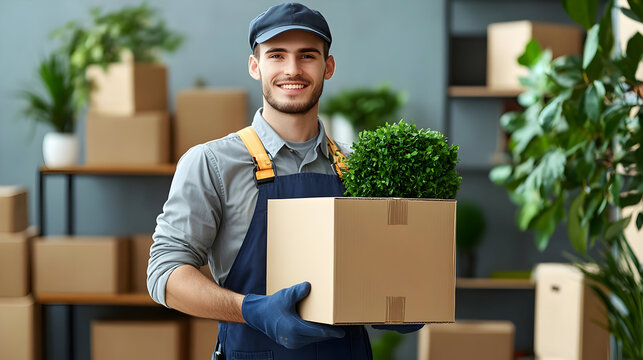 Smiling Delivery Man Holding Cardboard Box, Realistic Image