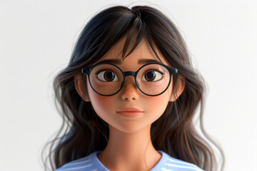 Fototapeta premium A young animated girl with glasses, featuring long hair and a gentle expression against a light background.