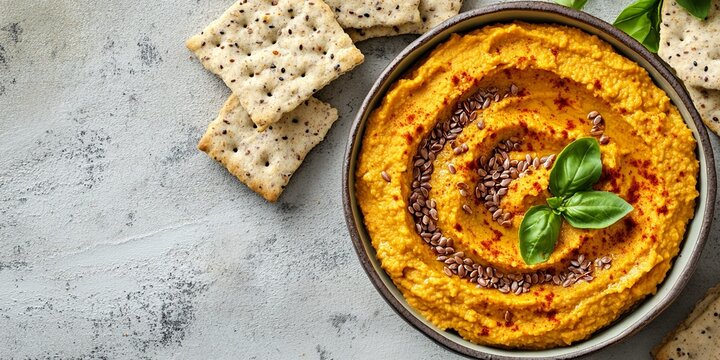Close up of sweet potato pumpkin or carrot hummus seasoned with paprika and sumac spices, served with seed crackers with flax seeds on a light natural stone table with copy space.
