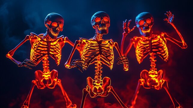 Three dancing glowing fluorescent colored skeletons isolated on dark background, funny halloween, skull monsters undead web banner, for card, event.
