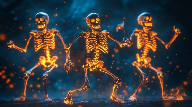 Three dancing glowing fluorescent colored skeletons isolated on dark background, funny halloween, skull monsters undead web banner, for card, event.
