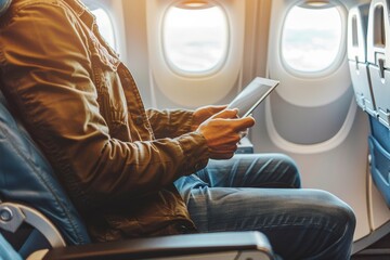Man Uses Digital Tablet While Flying, Enjoying In-Flight Entertainment and Connectivity