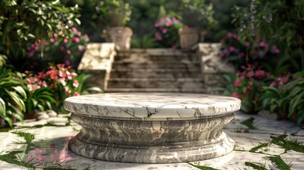 A stone pedestal sits in front of a stone staircase