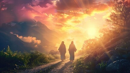 Walk with Jesus: Illustration of the Road to Emmaus - Inspiring Christian Artwork Available Online!
