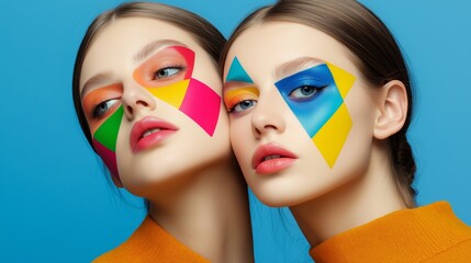 Obraz premium Two women with colorful face paint and one wearing an orange shirt. The women are standing next to each other and looking at the camera