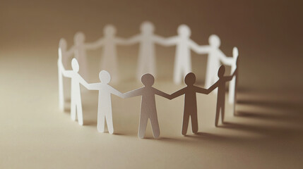 Paper cutout of people holding hands in circle on beige background,
