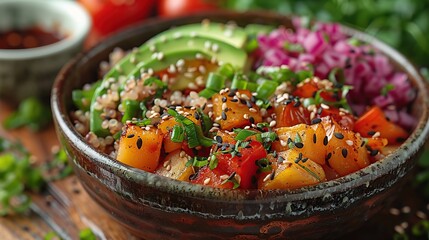 Delicious Quinoa Bowl with Avocado, Bell Peppers, and Sesame Seeds