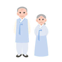 Illustration of old couple in Hanbok, Korean traditional clothes. Cartoon style character drawing. 
