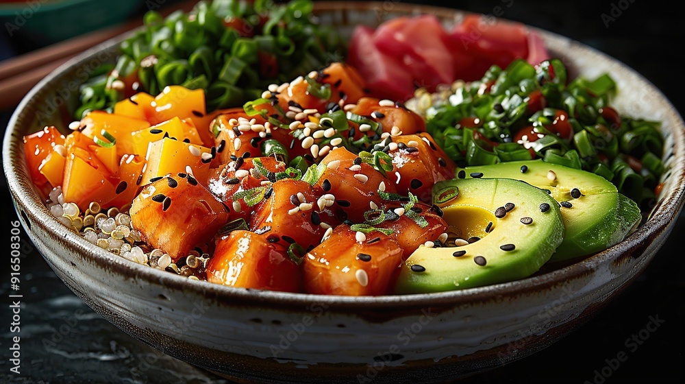 Sticker Hawaiian Poke Bowl with Salmon, Mango, Avocado, and Quinoa