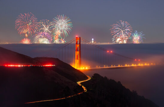 Golden Gate Bridge and July 4th Firework Show in the Fog