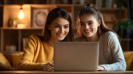 Two Women Smiling While Looking at a Laptop, Photo