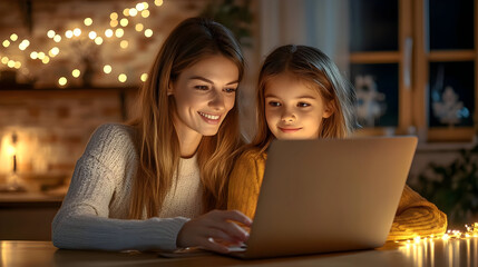 Mom and Daughter Using Laptop Together at Home Photo