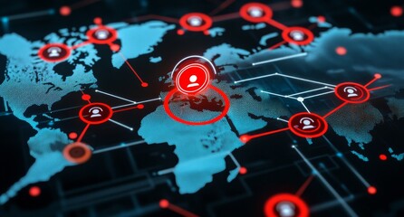 Obraz premium Global Map with Cyber Security Danger Symbols and Digital Connections