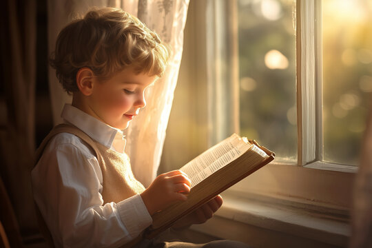 Little cute boy studying the scriptures at home, Christian bible study concept.