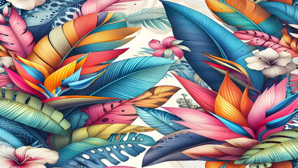 Colorful tropical floral leaves overlapping