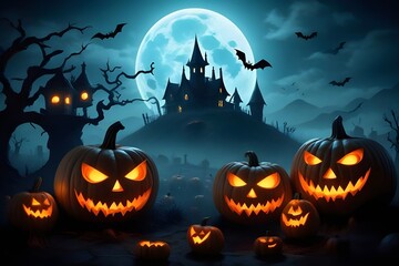 Halloween background with scary pumpkins candles in the graveyard at night with a castle background