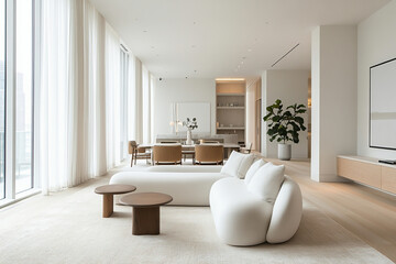 Fototapeta premium modern minimalist living room interior white furniture light-filled spacious contemporary clean stylish design open-plan elegance luxury simplicity