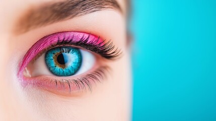 A woman with blue eyes and pink eyeliner. The eyes are open and the eyelashes are long