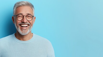 Obraz premium A man with glasses is smiling and wearing a blue sweater. He is looking at the camera and he is happy