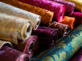 A close-up of various rolls of fabric with different colors and patterns, showcasing their luxurious textures and craftsmanship.