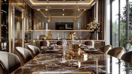 large kitchen room with modern interior design with wood table and chairs for home against the background a dark classic wall