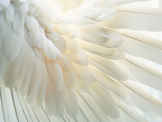 A close-up image showcasing the intricate details of white bird feathers with soft sunlight illuminating the texture.
