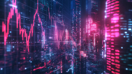 Fototapeta premium Abstack background, price drop, holographic stock market crash, futuristic business decline, digital financial crisis.