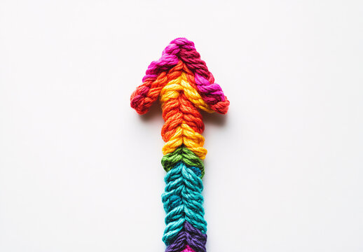Colorful yarn arrow pointing upwards on white background, symbolizing growth