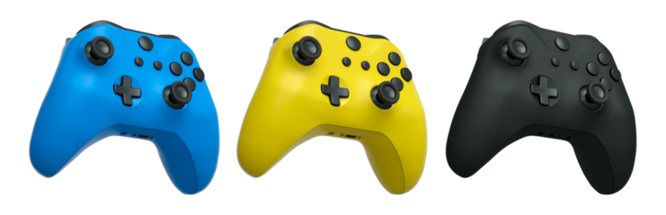 Collection of gaming controllers with different colors and designs for gaming enthusiasts isolated on white background with clipping path