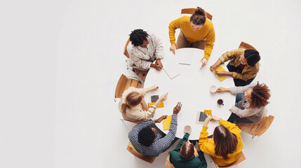 Diverse collaborators at modern table, clean white background, inclusivity