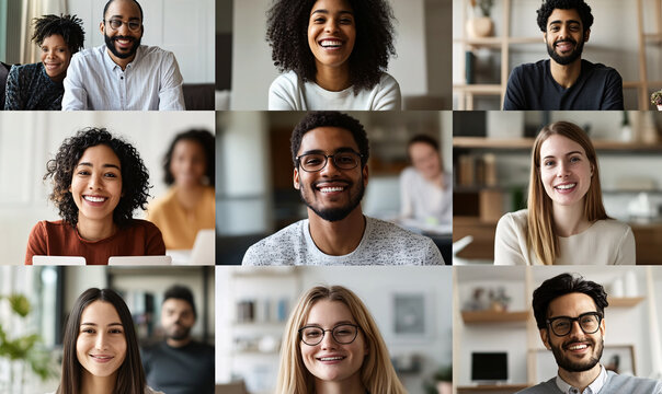 Diverse group on video call, smiling and talking, split screen