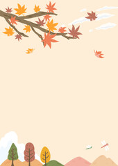 Autumn landscape, background frame of maple leaves falling in the wind, cute hand drawn illustration / 秋の風景、風に吹かれて落ちるモミジの葉の背景フレーム、かわいい手描きイラスト
