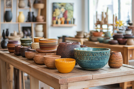 pottery bowls ceramic handcrafted art shop display artisan handmade colorful wooden decor designs stacked clay 