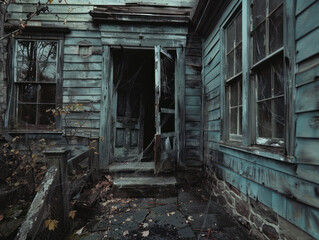 An abandoned wooden house with an open door and cobwebs covering the exterior.