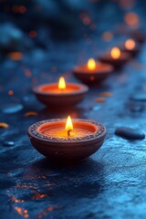 A row of shining clay Diya lamps symbolizing Diwali, with a festive, softly blurred background, high resolution