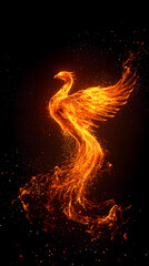 Phoenix bird with burning wings and feathers isolated on black background. Burning bird	