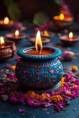 Diwali festival of lights design with a prominent 3D pot Diya, softly glowing and surrounded by festive decorations, high resolution