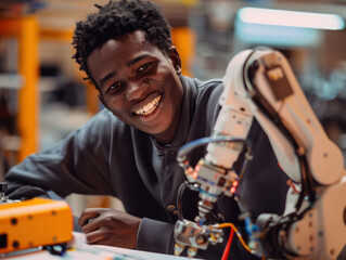 A young black man smiles while working with a robotic arm in a factory setting.