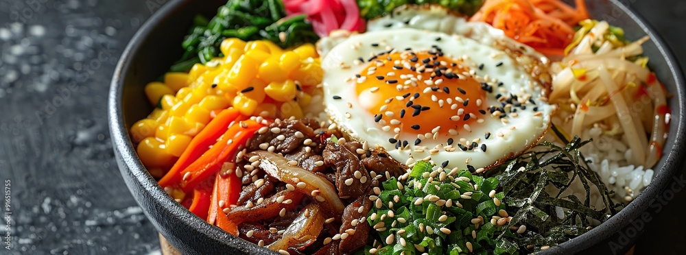 Sticker delicious korean bibimbap with fried egg, meat, and vegetables