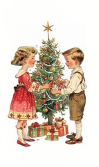 illustration of boy and girl giving each other Сhristmas presents, white background, Christmas tree with presents around it, pastel colors, vintage style