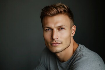 Fototapeta premium Portrait handsome tanned young man in gray shirt