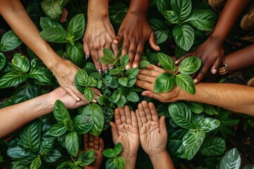 A top view of diverse and multiracial hands coming together, showcasing unity and collaboration among different ethnicities