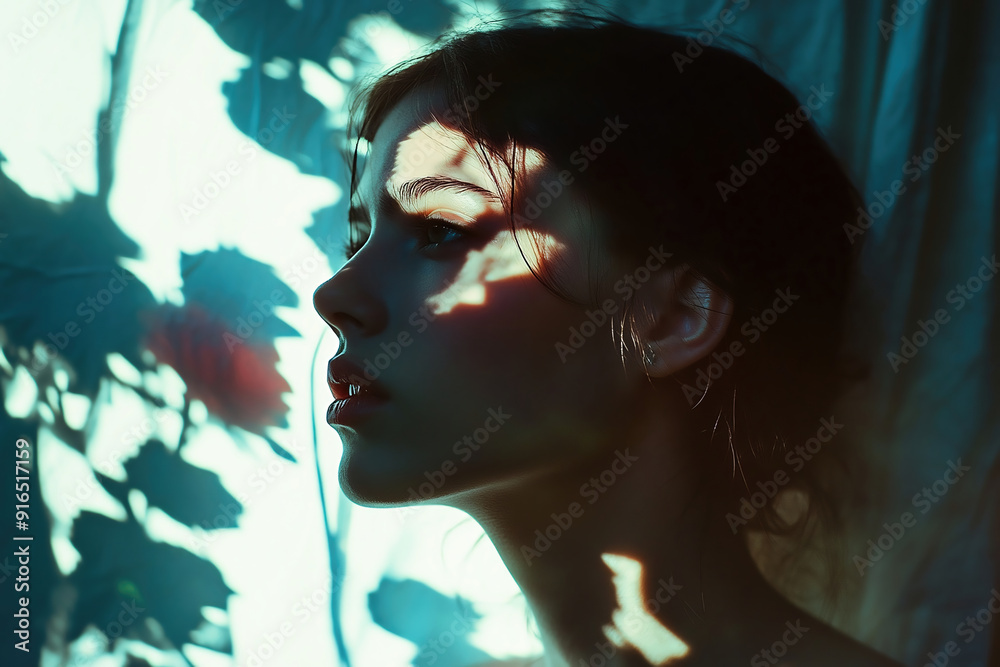 Wall mural portrait woman shadow profile art abstract light face silhouette female artistic moody dramatic phot